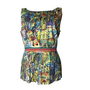 Anthropologie Weston Wear Cityscape Pattern Peplum Tank top Size L art to wear